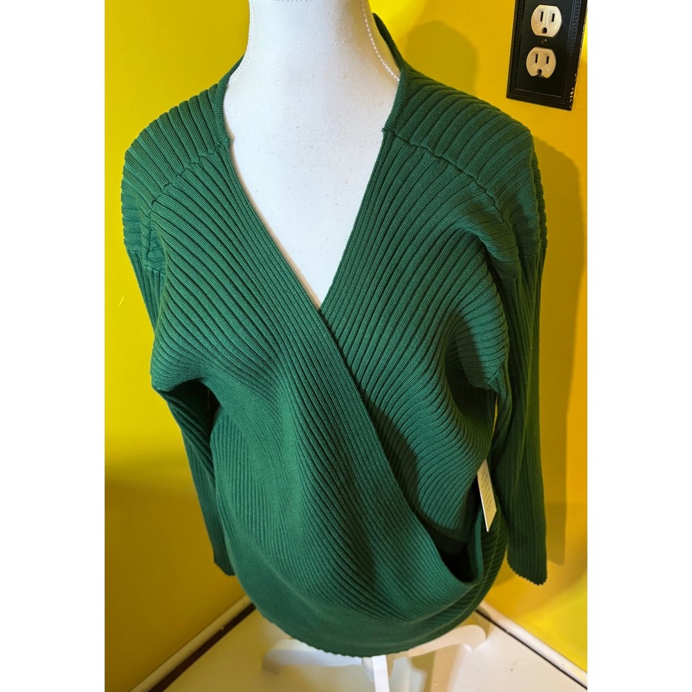 ELOQUII Green Ribbed Wrap Front Cropped Sweater Plus Size 22/24 V-Neck Knit Top